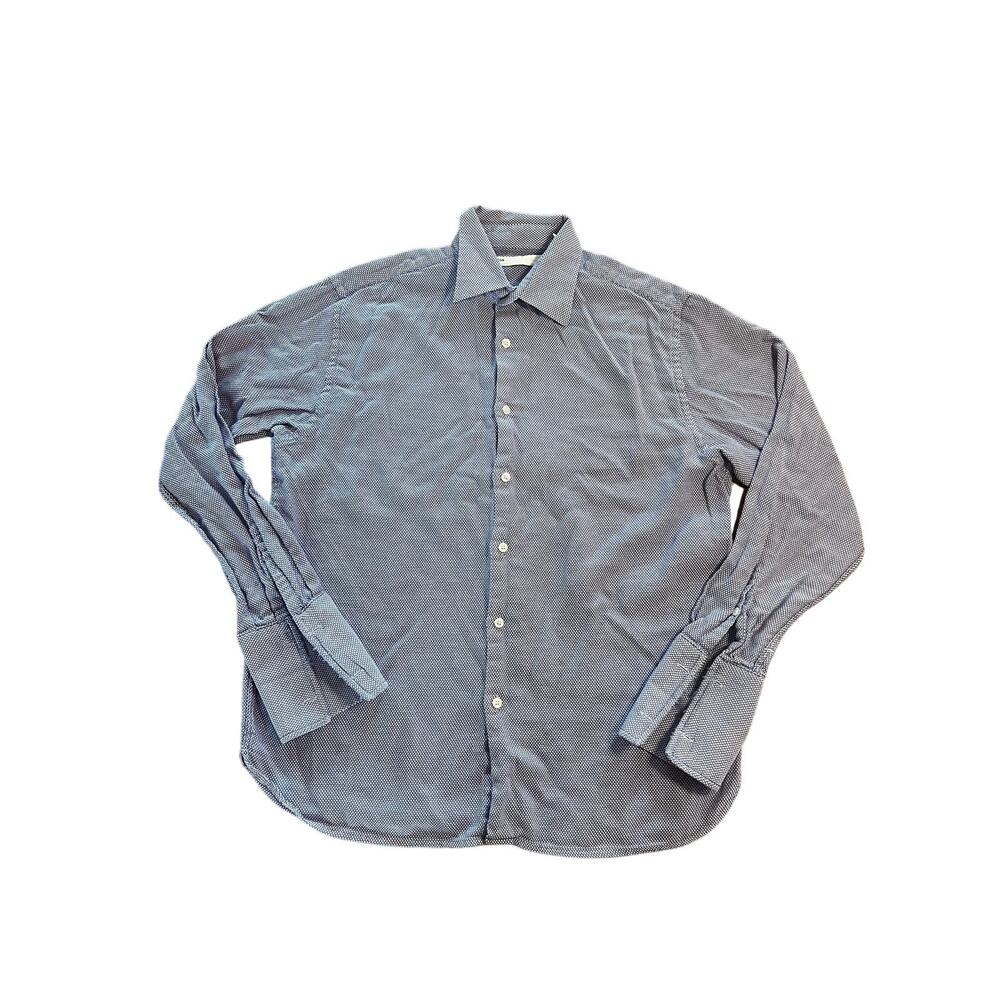 Perry Ellis Men's Large Blue Micro-Check French Cuff Button Down Dress Shirt - Picture 2 of 7